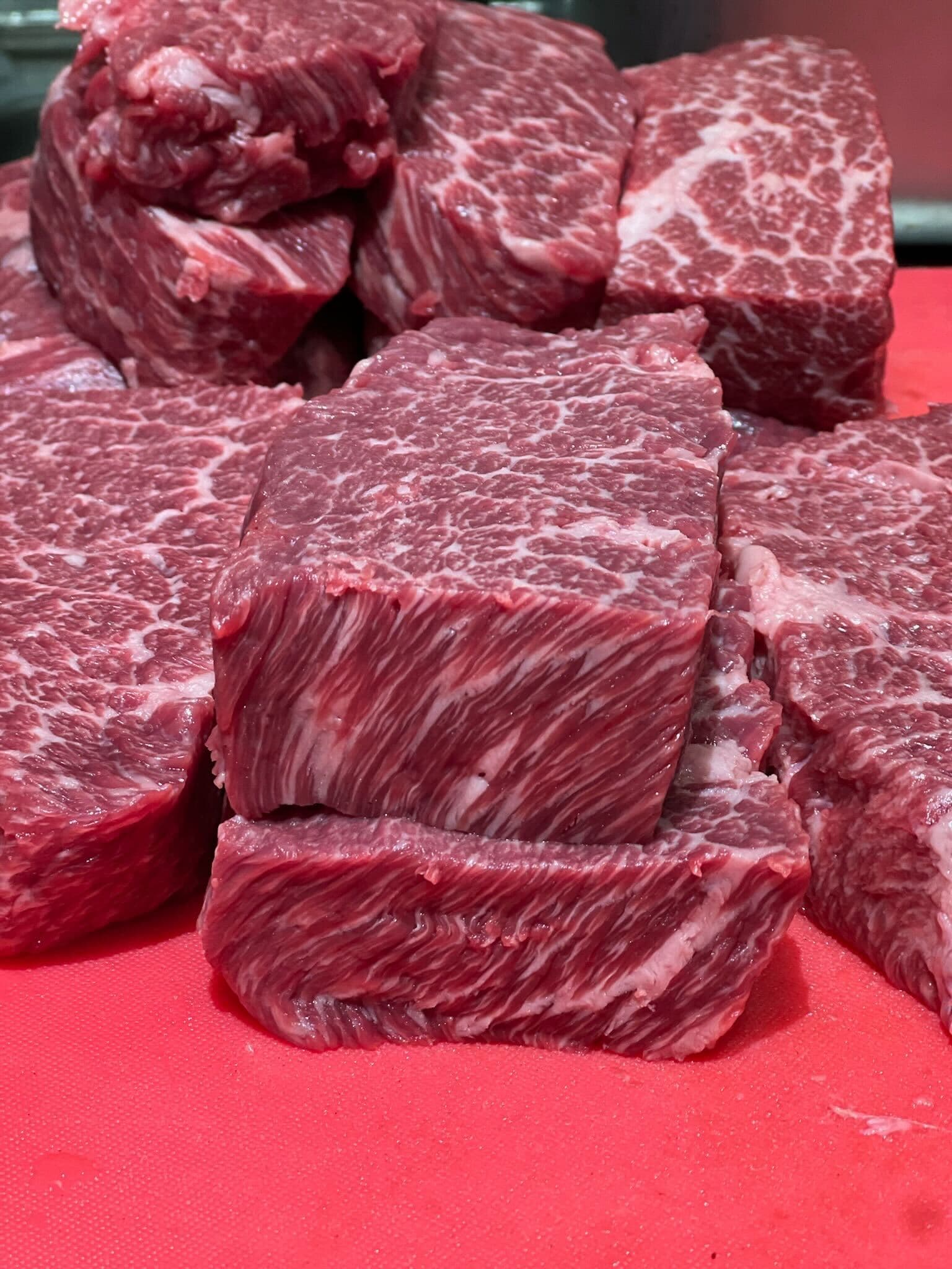 Cut blocks of marbled kosher beef